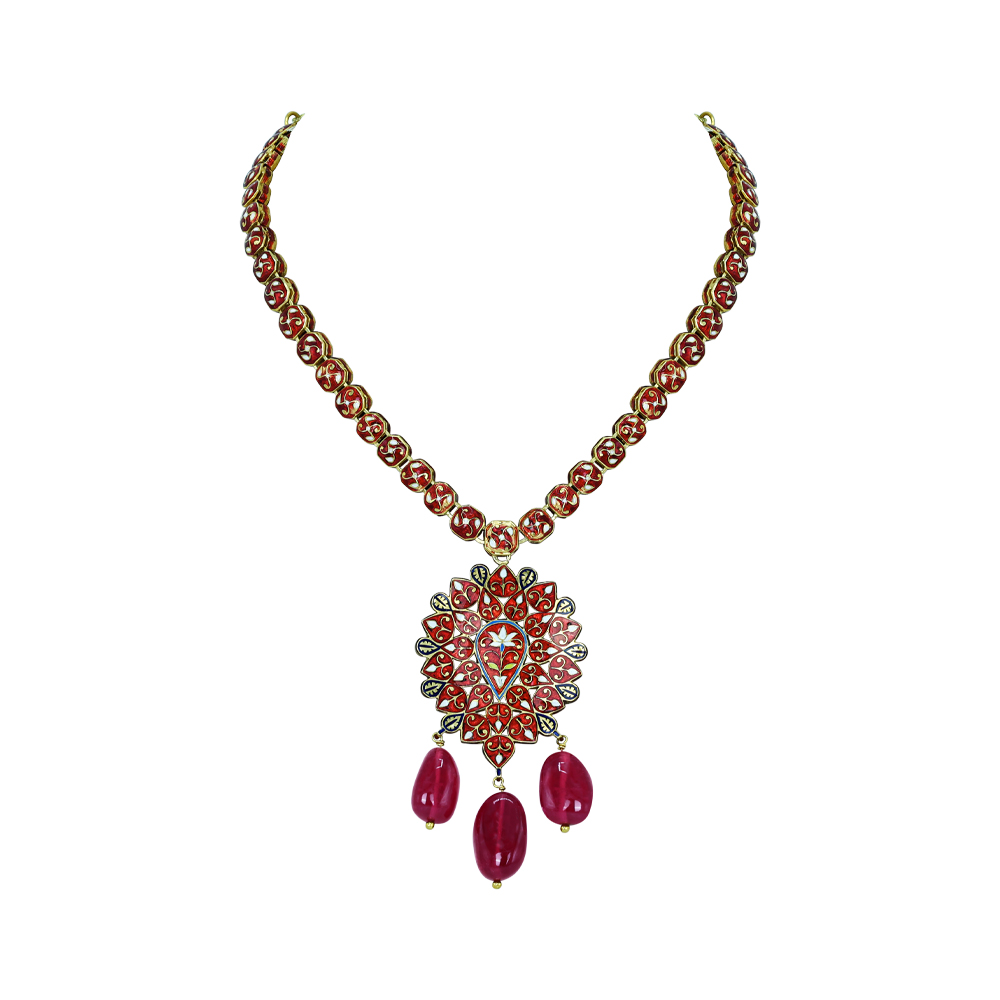 Polki Diamond Necklace with Floral Pendant and Tourmaline Drops